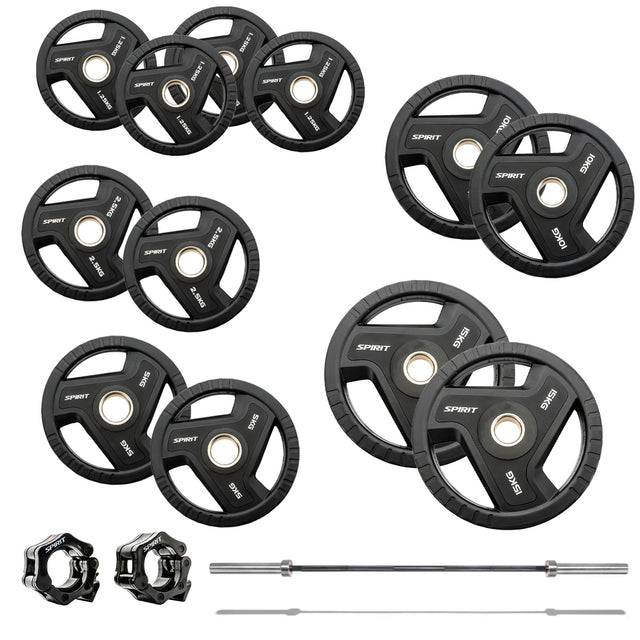 |SpiritFitness90kgOlympicRubberTriGripWeightSetwith6ftBarmain|